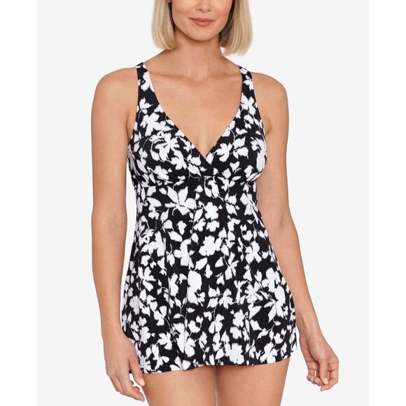 Swim Solutions Printed Tummy Control One-Piece Swimsuit Women's 16 Black Beach - Picture 1 of 15